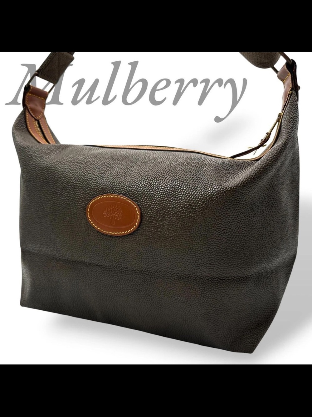 Mulberry Dark Brown Pebbled Leather Shoulder Bag with Tan Accent